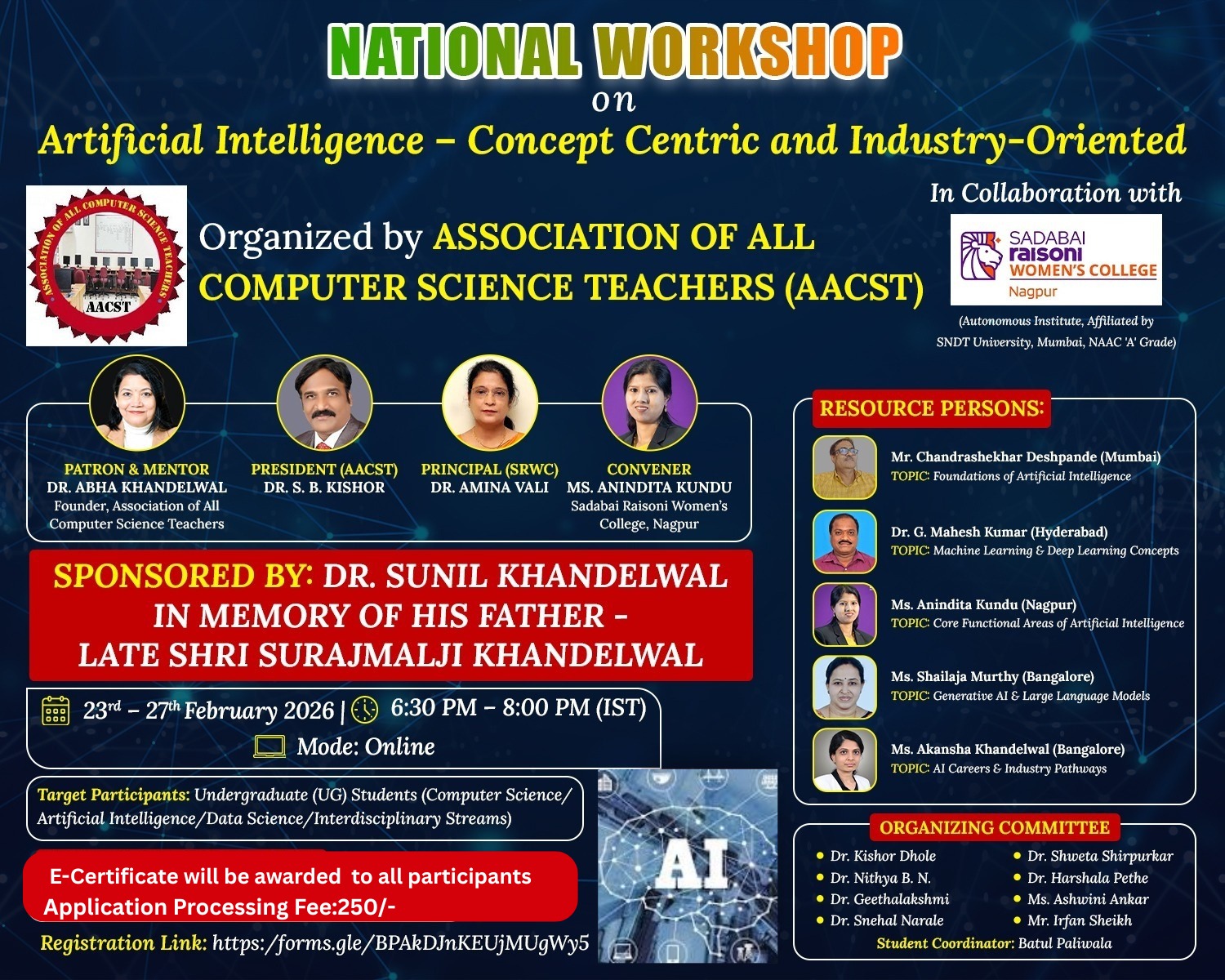 NATIONAL ONLINE  WORKSHOP On 
Artificial Intelligence - Concept Centric and Industry-Oriented
(23 February 2026 to 27 February 2026)
